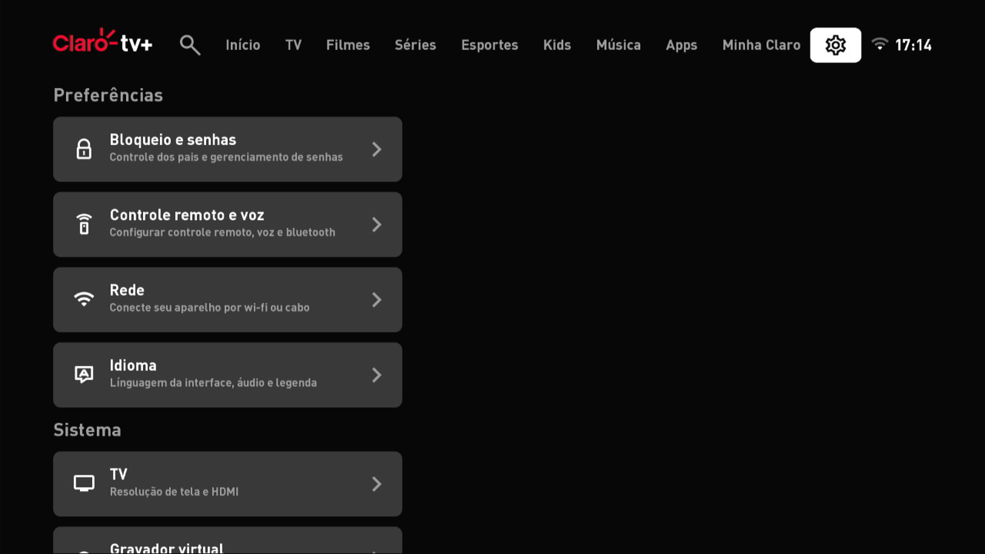 Claro TV+ S4KW3 Interface de TV