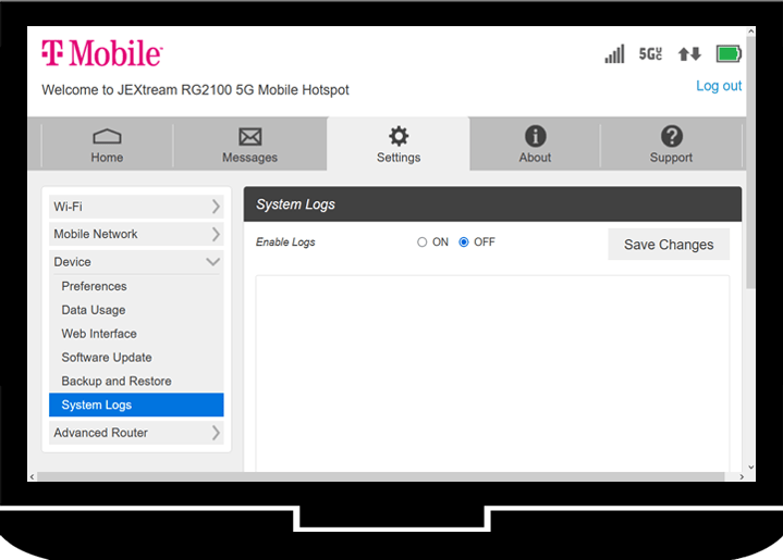 Overview of device settings | Settings | JEXtream RG2100 5G Mobile