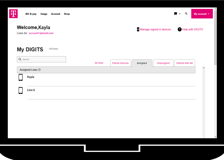 Manage DIGITS at mydigits.t-mobile.com | DIGITS desktop | Desktop 