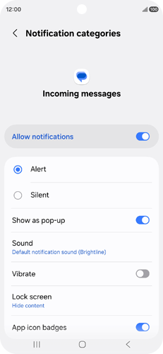 samsung alerts allow sound and vibration vs silent Silent and vibrate mode for messages | Media & Sound | Galaxy S26 Ultra