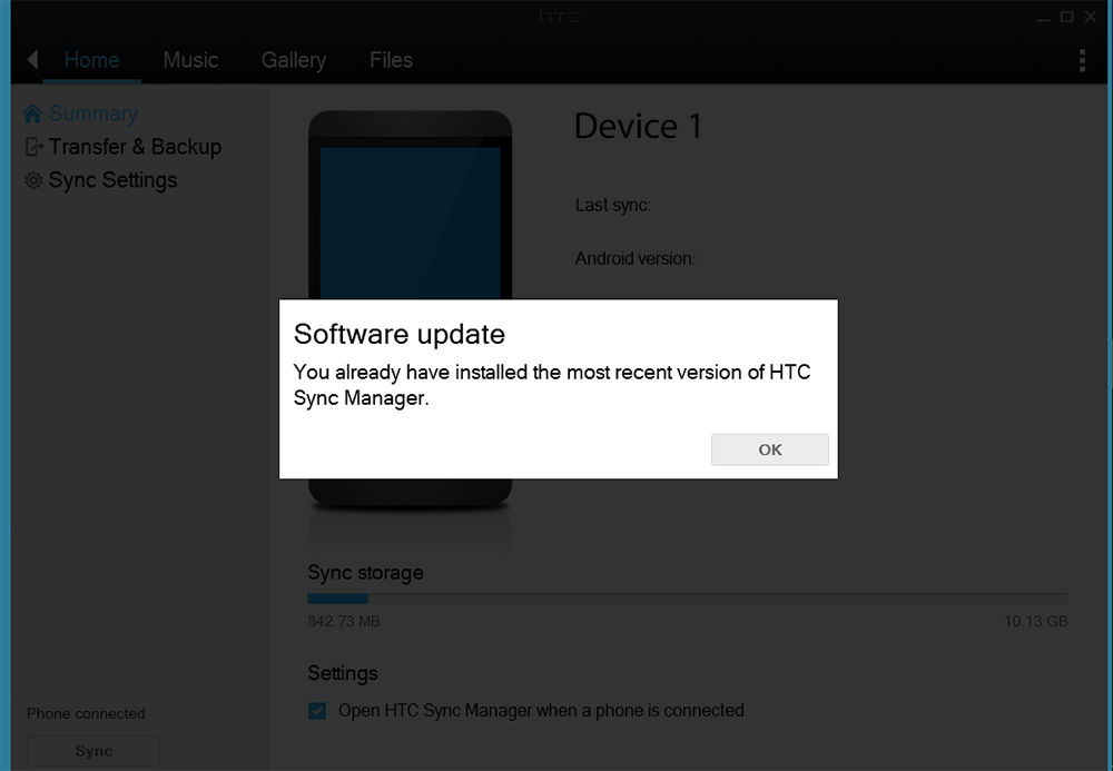 no phone connected htc sync manager